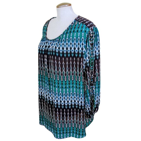 Cato Blouse Women Plus 26/28 Ikat Blue Green Boho Artsy Sleeve Ladder Cutout - Picture 3 of 9
